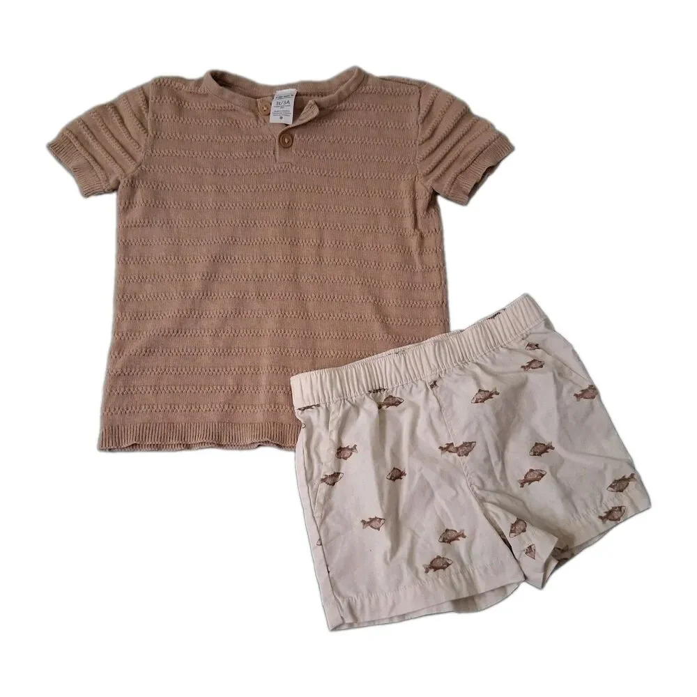 Carters Boys Size 3T Outfit Knit Top Fish Shorts Set Fall Festival Beach Preppy